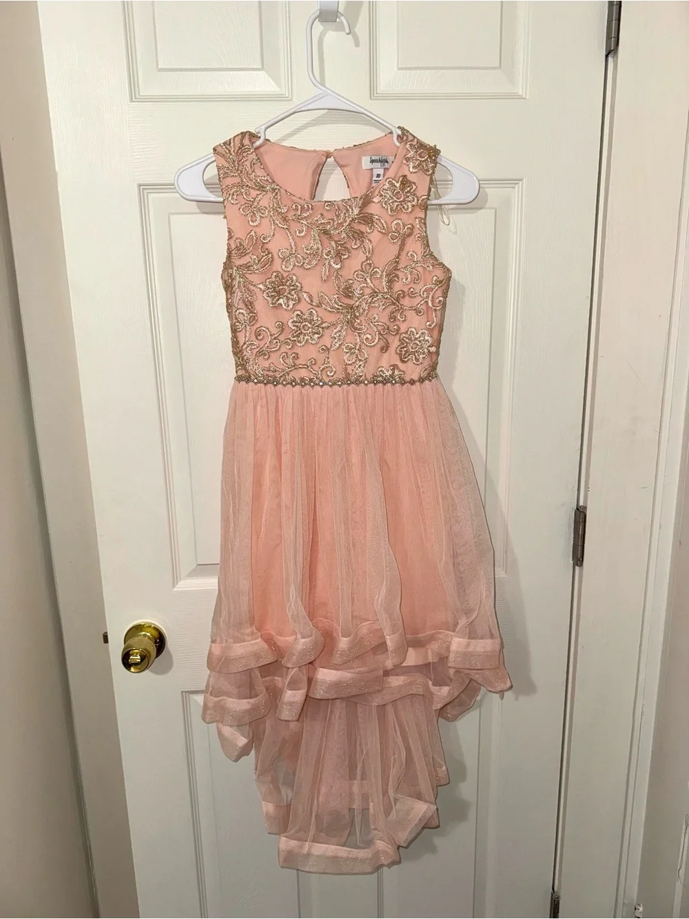 Kids Pink & Gold Floral Embroidery High-Low Tulle Dress 10